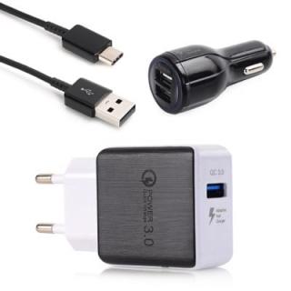 QC3.0 USB Fast Charger +Quick QC 3.0 With Dual USB  Car Charger+ Quick Charge Usb 3.1 Type-C Cable 3 in 1 Set 100cm