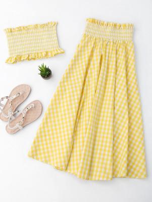 Ruffles Smocked Tube Top and Checked A-Line Maxi Skirt