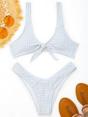 Front Tie Thong Plaid Bikini Set