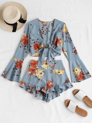 Bell Sleeve Floral Tie Front Matching Set