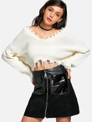 Oversized Frayed Cropped Pullover Sweater