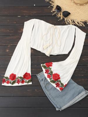 Embroidered Patch Off Shoulder Bell Sleeve Top