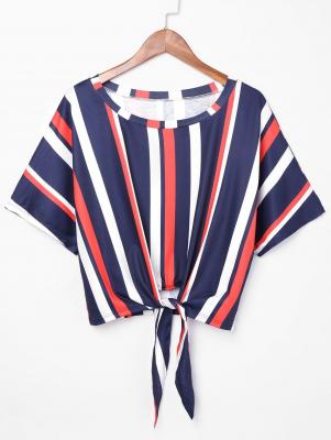 Knot Front Striped Crop T-shirt