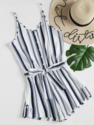 Buttons Striped Belted Romper