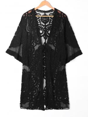 Sheer Lace Embroidered Kimono Cover Up