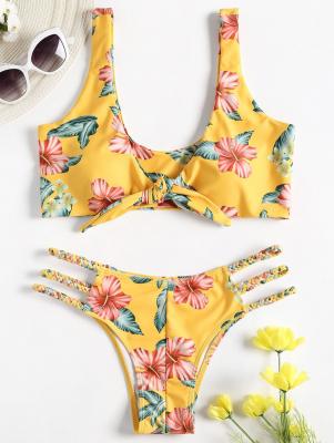 Front Knotted Floral Braided Bikini Set