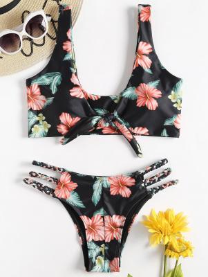 Front Knotted Floral Braided Bikini Set