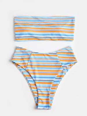 Bandeau Colorful Stripe High Cut Bikini Set