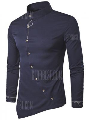 Male Cotton Slant Cutting Hem Casual Long Sleeve Shirt