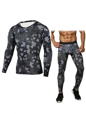 Men Grid T-shirt Compression Pants Fitness Training Suit