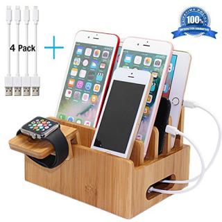 Pezin & Hulin Bamboo Charging Stations for Multiple Devices, Desk Docking Station Organizer for Cell Phone, Tablet, Watch (Include Bamboo Wood Dock Station, Watch Stand, 4 USB Charger Cables 8inch)
