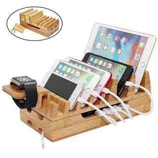 Pezin & Hulin Bamboo Charging Station Holder, Wood Docking Stand Organizer for Multiple Devices, Phones, Tablets, Laptop, with Bonus Stand for Watch Charge (Without USB Charger and Cables)