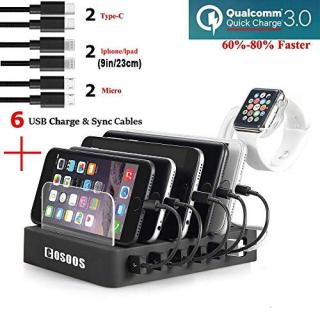 COSOOS Fastest Charging Station with QC 3.0 Quick Charge,6 USB Cables(3 Types),l Watch Holder,Universal 6-Port Charger Station Dock,Charging Docking Stand for Multiple Devices,Phones,Tablets