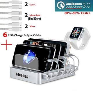 COSOOS Fastest Charging Station with QC 3.0 Quick Charge,6 USB Cables(3 Types),l Watch Holder,6-Port Charger Station Organizer,Charging Docking Stand for Multiple Devices,Phones,Tablets(Silver White)