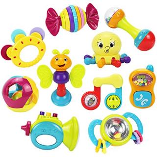 iPlay, iLearn 10pcs Baby Rattles Teether, Shaker, Grab and Spin Rattle, Musical Toy Set, Early Educational Toys for 3, 6, 9, 12 Month Baby Infant, Newborn
