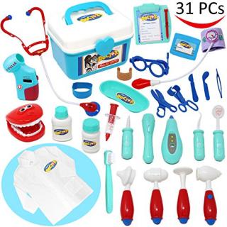 Joyin Toy Doctor Kit 31 Pieces Pretend-n-Play Dentist Medical Kit with Electronic Stethoscope and Coat for Kids Holiday Gifts, School Classroom, Easter Stuffers and Doctor Roleplay Costume Dress-Up.