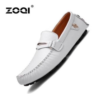 Slip-ons & Loafer ZOQI Fashion Pria Potongan Rendah Kulit Asli Sepatu Datar (Putih)-Intl