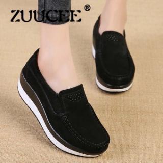 Zuucee Wanita Versi Korea Highten Sepatu Loafer Kasual Kulit Suede Asli Sepatu Slip-Ons untuk Wanita