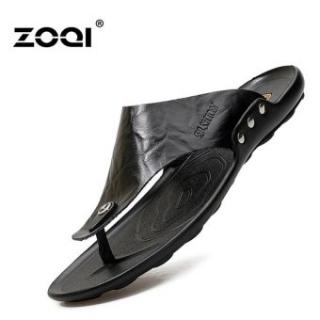 ZOQI Pria Fashion Kulit Flip Jepit Musim Panas Sepatu Beach Sepatu (Hitam)-Intl