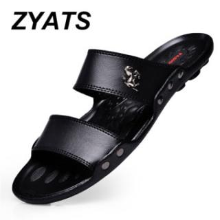 ZYATS Musim Panas Sandal Pria Sepatu Pantai Fashion Sandal Kulit untuk Pria Lelaki Sandal Hitam