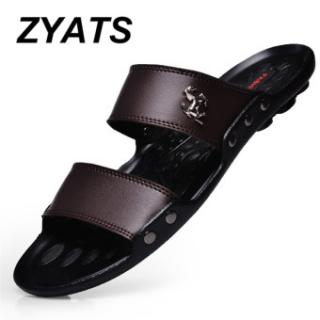 ZYATS Musim Panas Sandal Pria Sepatu Pantai Fashion Sandal Kulit untuk Pria Lelaki Sandal Coklat