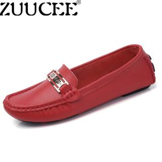 Zuucee Wanita Lembut Kulit Datar Sepatu Pantofel Selip-On Mengemudi Sepatu Kasual (Merah)-Internasional
