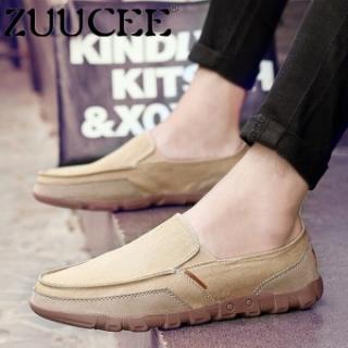 Zuucee Pria Ukuran Besar Slip-ons Pantofel Sepatu Kasual Datar Sepatu Kanvas (Khaki)-Internasional