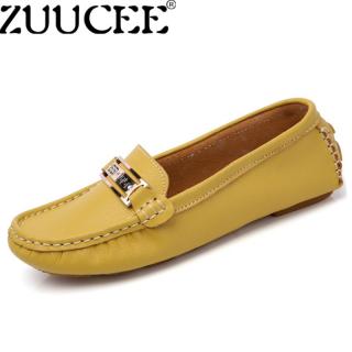 Zuucee Wanita Lembut Kulit Datar Sepatu Pantofel Selip-On Mengemudi Sepatu Kasual (Kuning)-Internasional