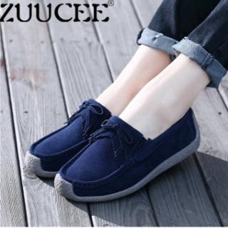 Zuucee Ukuran Besar Renda-Hingga Sepatu Wanita Tunggal Sepatu Kulit Suede Datar Sepatu (Biru Tua)-Internasional