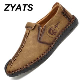 ZYATS Kulit Men's Flats Sepatu Moccasin Casual Loafers Slip-On Besar Ukuran 38-46 Khaki