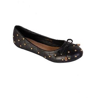 Women Flats Shoes With Gold Studded Bow Detail - Black