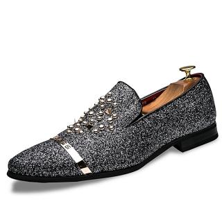 Rivet Men Loafer Fashion Casual Genuine Leather Shoes Formal Moccassins (Grey)