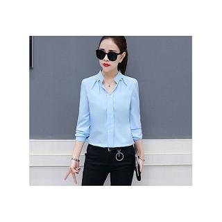 Fashion Women Office Formal Plain Sexy Long Sleeve Shirt - Blue