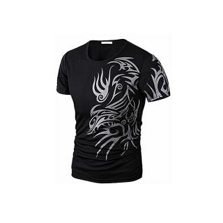 Men Summer Casual O-Neck Tattoo Pattern Print Polo Short Sleeve T-Shirt-Black