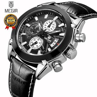 MEGIR Chronograph Function Mens Watches Genuine Leather Luxury Mens Military Wristwatches 2020
