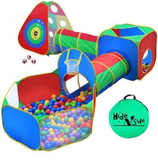5pc Kids Ball Pit Tents and Tunnels, Toddler Jungle Gym Play Tent with Play Crawl Tunnel Toy , for Boys babies infants Children, w/ Basketball Hoop, Indoor & Outdoor, Dart Wall Game w/ 3 Dart Balls