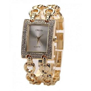 Women Gold Chain Wrist Watch With Stones - Square Face