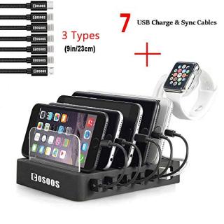 COSOOS Charging Station with 5 l Phone Cables,1 Type-C,1 Micro B Cable,l Watch Holder,6-Port USB Charger Station,Charging Docking Stand,Best Electronics Organizer for Multiple Devices,Phones,Tablets