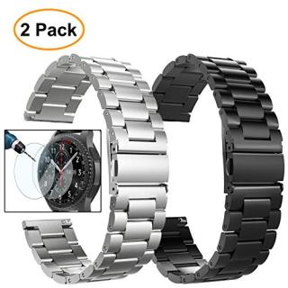 Gear S3 Frontier/Classic Watch Bands, 22mm Solid Stainless Steel Metal Replacement Smart Watch Strap Business Bracelet + Tempered Glass for Samsung Gear S3 Frontier / s3 Classic Sport Smart Watch