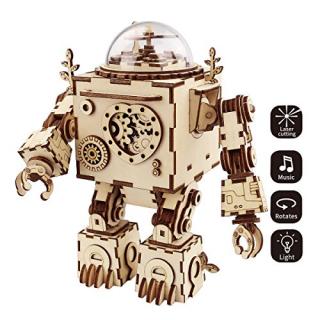 ROBOTIME 3D Puzzle Music Box Wooden Craft Kit Robot Machinarium Toy with Light Best Gifts for Women & Men