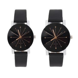1 Pair Of Couple Wrist Watch Casual PU Leather Round Dial Watchband (Black)