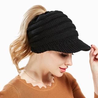Womens Knitted Ponytail Beanie Caps Messy High Bun Hat