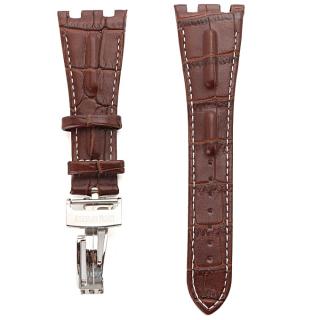 28mm Brown White Line Leather Watchband For Audemars Plguet Royal Oak Offshore [Brown white thread Silver buckle]