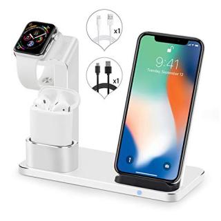 SENZLE Watch Stand Wireless Charger,3 in 1 Fast Qi Desk Wireless Charger Charging Stand Dock Station Holder for iPhone X/ 8/8 Plus/iWatch Series 4 3 2 1/ Airpods【NightStand Mode】-Sliver