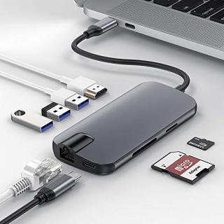 USB C Hub,BEAOK USB Type C Adapter 8 in 1 Ultra Slim Aluminum with Gigabit Ethernet,Type C and 3 USB 3.0 Ports, HDMI Output,SD/TF Card Reader for MacBook Pro and Others USB C Devices(Grey)