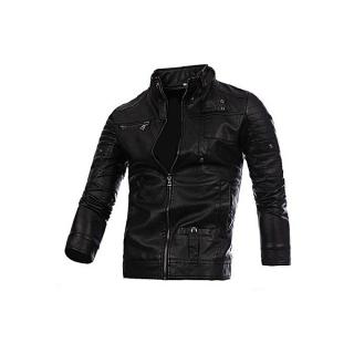 Men Leather Jacket Autumn&Winter Biker Motorcycle Zipper Outwear  Warm Coat- Black