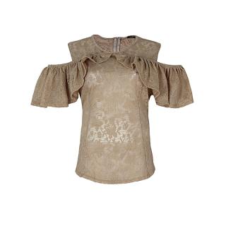 Cold Shoulder Frill Fitted Lace Blouse - Brown