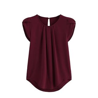 Women Chiffon Solid Pure Basic Soft Short Sleeve Button T-Shirt Blouse Tops