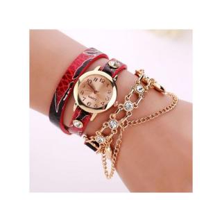 Fovibery Woman Leather Rhinestone Rivet Chain Quartz Bracelet Wristwatch Red