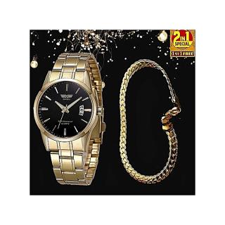 Classic 2 In 1 Luxury Brand Men Women Unisex Gold-plated Watch & Gold-plated Bracelet